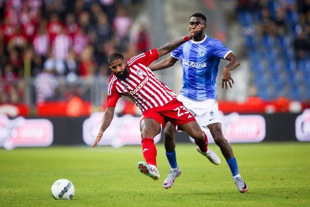 KRC Genk v Olympiacos - UEFA Europa League Qualifying GENK, BELGIUM - AUGUST 17 : Fadera Alieu forward of KRC Genk battles for possession with Rodinei defender of Olympiacos FC during the second leg match of the UEFA Europa League season 2023 - 2024 third qualifying round between KRC Genk and Olympiacos on August 17, 2023 in Genk, BELGIUM, 17 08 2023 ( Genk BELGIUM  Copyright: xTsx
