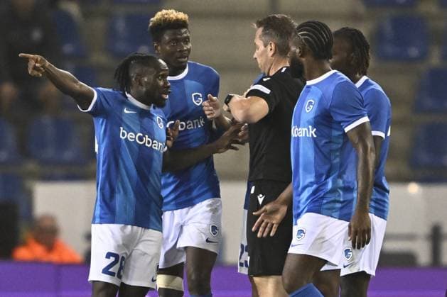 Genk s Joseph Paintsil receives a red card from the referee during a soccer game between Belgian KRC Genk and Greek Olympiacos F.C., Thursday 17 August 2023 in Genk, the second leg of the third qualifying round for the UEFA Europa League competition. JOHAN EYCKENS JohanxEyckens  x72171721x