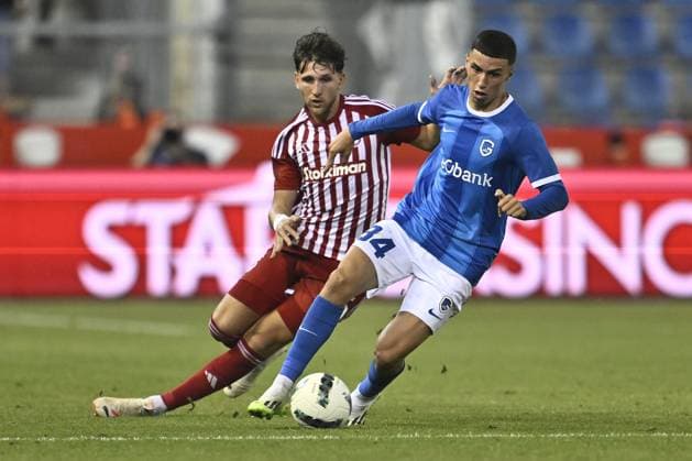 Olympiacos Panagiotis Retsos and Genk s Bilal El Khannouss fight for the ball during a soccer game between Belgian KRC Genk and Greek Olympiacos F.C., Thursday 17 August 2023 in Genk, the second leg of the third qualifying round for the UEFA Europa League competition. JOHAN EYCKENS JohanxEyckens  x72171755x