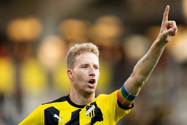 230817 Samuel Gustafson of Häcken celebrates after 2 0 during the UEFA Europa League qualification match between BK Häcken and Zalgiris Vilnius on August 17, 2023 in Göteborg Photo Michael Erichsen BILDBYRAN COP 89 MI0522 bbeng bk häcken football fotball fotboll fotboll kval qualification qualifying round soccer uefa europa league zalgiris vilnius jubel  Copyright: MICHAELxERICHSEN BB230817MI100