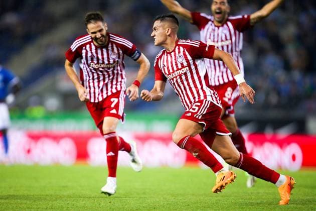 KRC Genk v Olympiacos - UEFA Europa League Qualifying GENK, BELGIUM - AUGUST 17 : Sotirios Alexandropoulos defender of Olympiacos FC celebrates after scoring the 1-1 goal during the second leg match of the UEFA Europa League season 2023 - 2024 third qualifying round between KRC Genk and Olympiacos on August 17, 2023 in Genk, BELGIUM, 17 08 2023 ( Genk BELGIUM  Copyright: xTsx