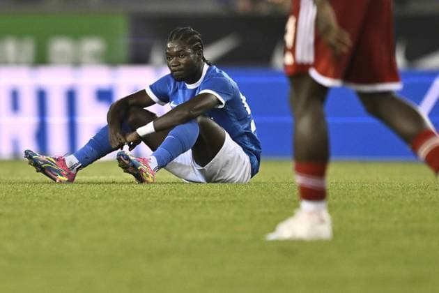 Genk s Christopher Bonsu Baah looks dejected after a soccer game between Belgian KRC Genk and Greek Olympiacos F.C., Thursday 17 August 2023 in Genk, the second leg of the third qualifying round for the UEFA Europa League competition. JOHAN EYCKENS JohanxEyckens  x72172726x