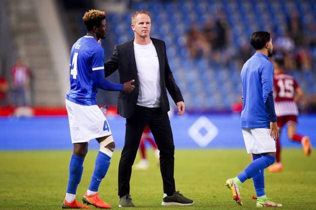 KRC Genk v Olympiacos - UEFA Europa League Qualifying GENK, BELGIUM - AUGUST 17 : Aziz Ouattara Muhammed of KRC Genk and Vrancken Wouter head coach of KRC Genk after the second leg match of the UEFA Europa League season 2023 - 2024 third qualifying round between KRC Genk and Olympiacos on August 17, 2023 in Genk, BELGIUM, 17 08 2023 ( Genk BELGIUM  Copyright: xTsx