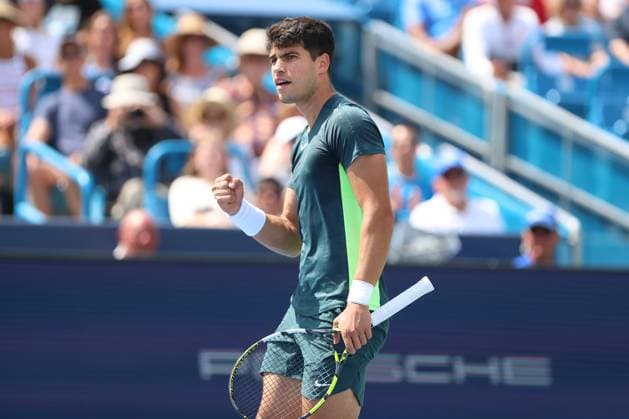 CINCINNATI, OH - AUGUST 17: Carlos Alcaraz of Spain reacts during the third round at the Western & Southern Open at Lindner Family Tennis Center on August 17, 2023 in Mason, Ohio. (Photo by Ian Johnson Icon Sportswire) TENNIS: AUG 17 Western & Southern Open EDITORIAL USE ONLY Icon230817030