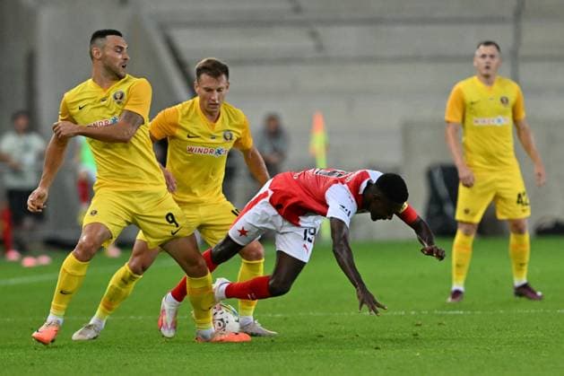 L-R Oleksiy Hutsulyak and Ruslan Babenko (both Dnipro), Oscar Dorley (Slavia) and Yevhen Pasich (Dnipro) in action during the UEFA Europa League return leg of the 3rd round match Slavia Praha vs Dnipro, in Kosice, Slovakia, August 17, 2023. (CTKxPhoto VaclavxSalek) CTKPhotoP2023081707377  CTKPhotoP2023081707377
