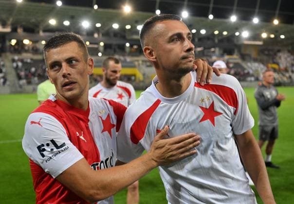L-R Tomas Holes and Ivan Schranz (both Slavia) after the UEFA Europa League return leg of the 3rd round match Slavia Praha vs Dnipro, in Kosice, Slovakia, August 17, 2023. (CTKxPhoto VaclavxSalek) CTKPhotoP2023081707497  CTKPhotoP2023081707497