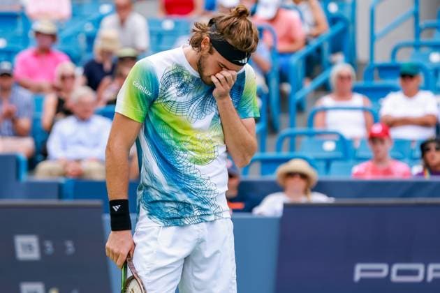 August 17, 2023, Mason, Ohio, USA: Stefanos Tsitsipas (GRE) reacts to a shot during ThursdayÃ¢â‚¬â ¢s round of the Western and Southern Open at the Lindner Family Tennis Center, Mason, Oh. Mason USA - ZUMAs304 20230817_zaf_s304_142 Copyright: xScottxStuartx