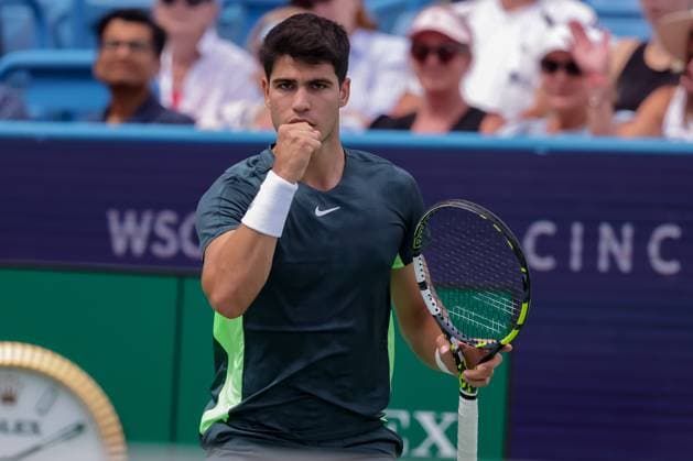 August 17, 2023, Mason, Ohio, USA: Carlos Alcaraz (ESP) reacts to a shot during ThursdayÃ¢â‚¬â ¢s round of the Western and Southern Open at the Lindner Family Tennis Center, Mason, Oh. Mason USA - ZUMAs304 20230817_zaf_s304_172 Copyright: xScottxStuartx