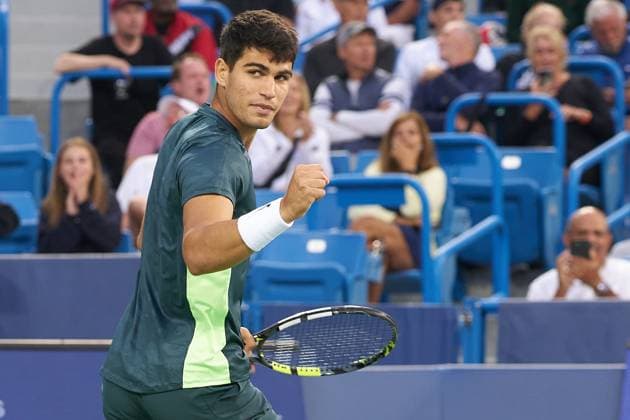 Carlos Alcaraz of Spain celebrates his win against Tommy Paul of USA on August 17th of the Western & Southern Open 2023 at the Lindner Family Tennis Center in Mason, Ohio. (Photo by Camilla Stolen Imago) Cincinnati USA Copyright: xCamillaxStolenx L1100235 1