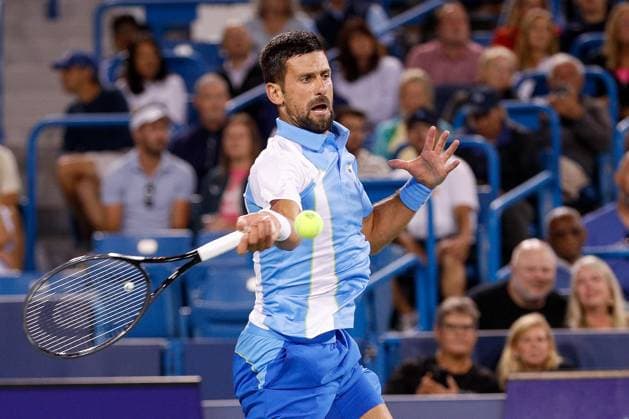 CINCINNATI, OH - AUGUST 17: Novak Djokovic of Serbia hits a forehand during the third round at the Western & Southern Open at Lindner Family Tennis Center on August 17, 2023 in Mason, Ohio. (Photo by Ian Johnson Icon Sportswire) TENNIS: AUG 17 Western & Southern Open EDITORIAL USE ONLY Icon230817098