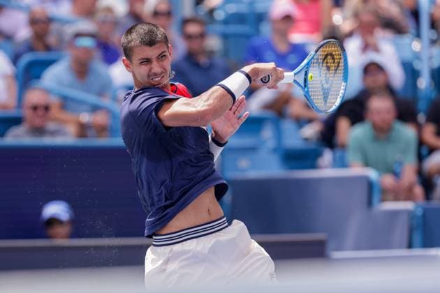 August 18, 2023, Mason, Ohio, USA: Alexei Popyrin (AUS) hits a forehand shot during FridayÃ¢â‚¬â ¢s round of the Western and Southern Open at the Lindner Family Tennis Center, Mason, Oh. Mason USA - ZUMAs304 20230818_zaf_s304_073 Copyright: xScottxStuartx