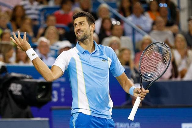 CINCINNATI, OH - AUGUST 18: Novak Djokovic of Serbia reacts during the quarterfinal round at the Western & Southern Open at Lindner Family Tennis Center on August 18, 2023 in Mason, Ohio. (Photo by Ian Johnson Icon Sportswire) TENNIS: AUG 18 Western & Southern Open EDITORIAL USE ONLY Icon230818118