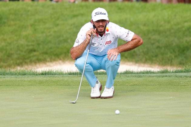 OLYMPIA FIELDS, IL - AUGUST 18: PGA, Golf Herren golfer Max Homa lines up a putt on the 18th hole during the second round of the BMW Championship Fed Ex Cup Playoffs on August 18th, 2023, at Olympia Fields Country Club in Olympia Fields, Illinois. (Photo by Brian Spurlock Icon Sportswire) GOLF: AUG 18 PGA - BMW Championship EDITORIAL USE ONLY Icon230818120