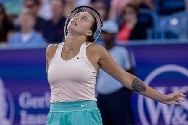 August 18, 2023, Mason, Ohio, USA: Aryna Sabalenka (BLR) reacts to a shot during FridayÃ¢â‚¬â ¢s round of the Western and Southern Open at the Lindner Family Tennis Center, Mason, Oh. Mason USA - ZUMAs304 20230818_zaf_s304_201 Copyright: xScottxStuartx