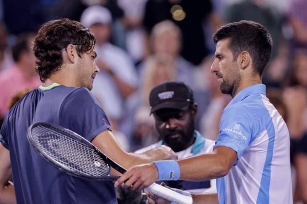 August 18, 2023, Mason, Ohio, USA: Taylor Fritz (USA), left, congratulates Novak Djokovic (SRB) for winning their quarterfinal match at FridayÃ¢â‚¬â ¢s round of the Western and Southern Open at the Lindner Family Tennis Center, Mason, Oh. Mason USA - ZUMAs304 20230818_zaf_s304_235 Copyright: xScottxStuartx