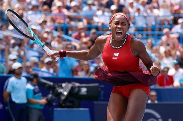 CINCINNATI, OH - AUGUST 19: Coco Gauff of the United States reacts after defeating Iga Swiatek of Poland during the semifinal round at the Western & Southern Open at Lindner Family Tennis Center on August 19, 2023 in Mason, Ohio. (Photo by Ian Johnson Icon Sportswire) TENNIS: AUG 19 Western & Southern Open EDITORIAL USE ONLY Icon230819020