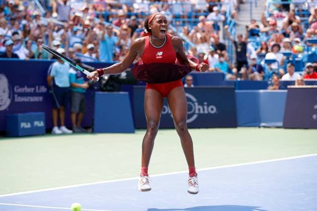 CINCINNATI, OH - AUGUST 19: Coco Gauff of the United States reacts after defeating Iga Swiatek of Poland during the semifinal round at the Western & Southern Open at Lindner Family Tennis Center on August 19, 2023 in Mason, Ohio. (Photo by Ian Johnson Icon Sportswire) TENNIS: AUG 19 Western & Southern Open EDITORIAL USE ONLY Icon230819021