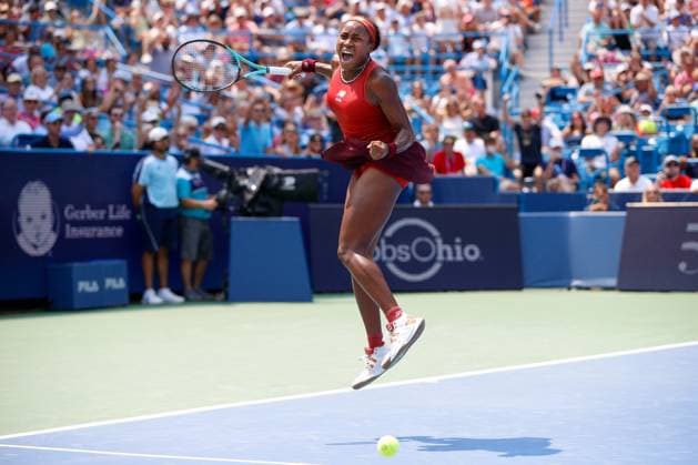 CINCINNATI, OH - AUGUST 19: Coco Gauff of the United States reacts after defeating Iga Swiatek of Poland during the semifinal round at the Western & Southern Open at Lindner Family Tennis Center on August 19, 2023 in Mason, Ohio. (Photo by Ian Johnson Icon Sportswire) TENNIS: AUG 19 Western & Southern Open EDITORIAL USE ONLY Icon230819019