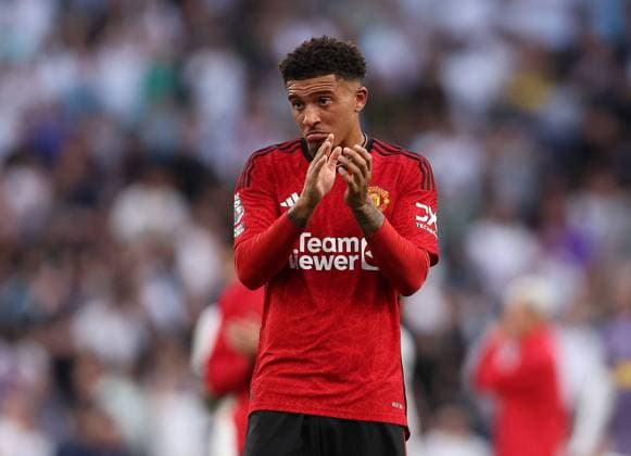 London, England, 19th August 2023. Jadon Sancho of Manchester United, ManU reacts after the Premier League match at the Tottenham Hotspur Stadium, London. Picture credit should read: Paul Terry Sportimage EDITORIAL USE ONLY. No use with unauthorised audio, video, data, fixture lists, club league logos or live services. Online in-match use limited to 120 images, no video emulation. No use in betting, games or single club league player publications. SPI-2527-0060