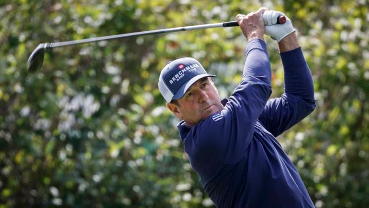 August 19, 2023, Calgary, AB, CANADA: Harrison Frazar, of the United States, hits from the second tee during round two of the PGA, Golf Herren Tour Champions Shaw Charity Classic golf event in Calgary, Alta., Saturday, Aug. 19, 2023. Harrison Frazar - ZUMAc35_ 20230819_zaf_c35_004 Copyright: xJeffxMcintoshx