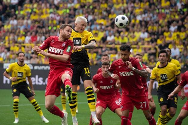 Sport Themen der Woche KW33 Sport Bilder des Tages Marco REUS (DO), gegen Steffen TIGGES (K) , Kopfballduell, Aktion, Zweikampf, Torchance, Fussball 1. Bundesliga, 1. Spieltag, Borussia Dortmund (DO) - 1.FC Koeln (K) 1:0 am 19.08.2023 in Dortmund Deutschland. DFL regulations prohibit any use of photographs as image sequences and or quasi-video Â *** Marco REUS DO , against Steffen TIGGES K , header duel, action, duel, scoring chance, football 1 Bundesliga, 1 matchday, Borussia Dortmund DO 1 FC Koeln K 1 0 on 19 08 2023 in Dortmund Germany DFL regulations prohibit any use of photographs as image sequences and or quasi video Â