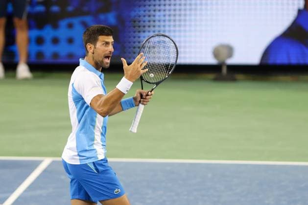 CINCINNATI, OH - AUGUST 19: Novak Djokovic of Serbia reacts after defeating Alexander Zverev of Germany and advancing to the finals. During the semifinal round at the Western & Southern Open at Lindner Family Tennis Center on August 19, 2023 in Mason, Ohio. (Photo by Ian Johnson Icon Sportswire) TENNIS: AUG 19 Western & Southern Open EDITORIAL USE ONLY Icon230819121