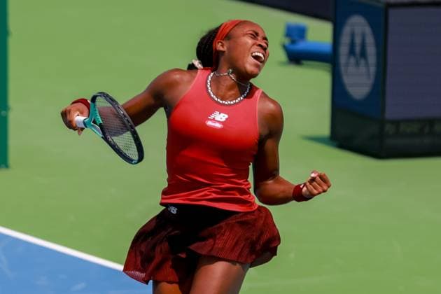 August 19, 2023, Mason, Ohio, USA: COCO GAUFF (USA) celebrates her semifinal win over Iga Swiatek at the Western and Southern Open at the Lindner Family Tennis Center. The teenager reaches final with 7-6 (2), 3-6, 6-4 win. Mason USA - ZUMAs304 20230819_zaf_s304_068 Copyright: xScottxStuartx