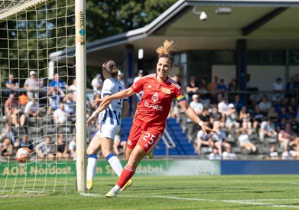 Football, women, season 2023 2024, Regionalliga Nordost 1 matchday , Hertha BSC 1 FC Union Berlin, Dina Orschmann 1 women, 1 FC Union Berlin , cheering after goal to 1 2, 20 08 2023, Copyright: xSebastianxRäppold MatthiasxKochx