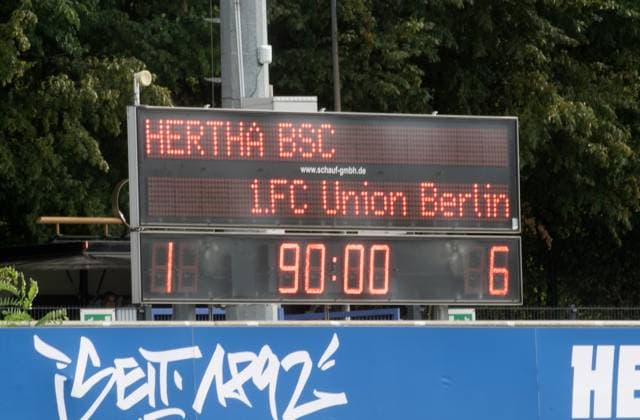 Football, Women, 2023 2024 season, Regionalliga Nordost 1 matchday , Hertha BSC 1 FC Union Berlin, scoreboard with 1 6 final score, 20 08 2023, Copyright: xSebastianxRäppold MatthiasxKochx