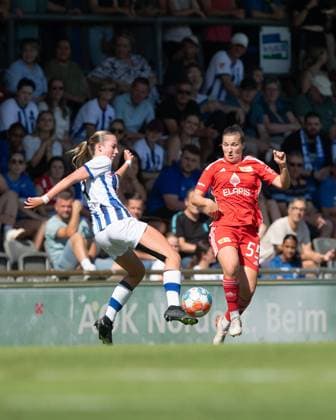 Football, Women, Season 2023 2024, Regionalliga Nordost 1 Matchday , Hertha BSC 1 FC Union Berlin, v l Svenja Poock 1 Women, Hertha BSC , Katja Orschmann 1 Women, 1 FC Union Berlin , 20 08 2023, Copyright: xSebastianxRäppold MatthiasxKochx
