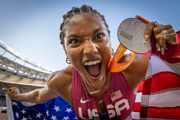 Bilder des Jahres 2023, Sport 08 August Sport Themen der Woche KW33 Sport Bilder des Tages World Athletics Championships Budapest 23; Hungary, 20.08.2023 Budapest, Hungary - August 20: Tara DAVIS-WOODHALL of the UNITED STATES (USA) wins SILVER in the long jump on day 2 of the World Athletics Championships Budapest 23 at the National Athletics Centre in Budapest, Hungary on August 20, 2023. *** World Athletics Championships Budapest 23 Hungary, 20 08 2023 Budapest, Hungary August 20 Tara DAVIS WOODHALL of the UNITED STATES USA wins SILVER in the long jump on day 2 of the World Athletics Championships Budapest 23 at the National Athletics Centre in Budapest, Hungary on August 20, 2023 Copyright: xBEAUTIFULxSPORTS AxelxKohringx