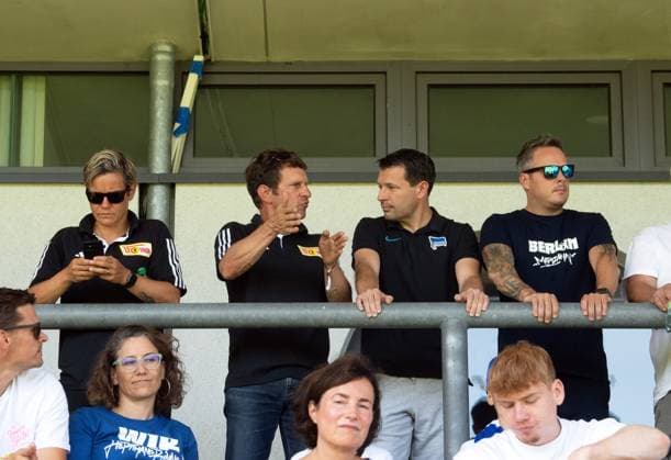 Football, women, season 2023 2024, Regionalliga Nordost 1 matchday , Hertha BSC 1 FC Union Berlin, f l Head of Womens and Girls Football Jennifer Zietz 1 FC Union Berlin , Managing Director Youth and Amateur Football Lutz Munack 1 FC Union Berlin , Sports Director Benjamin Weber Hertha BSC , President Kay Bernstein Hertha BSC in the stands, 20 08 2023, Copyright: xSebastianxRäppold MatthiasxKochx