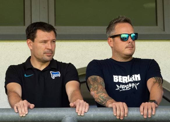 Football, Women, Season 2023 2024, Regionalliga Nordost 1 Matchday , Hertha BSC 1 FC Union Berlin, f l Sports Director Benjamin Weber Hertha BSC , President Kay Bernstein Hertha BSC in the stands, 20 08 2023, Copyright: xSebastianxRäppold MatthiasxKochx