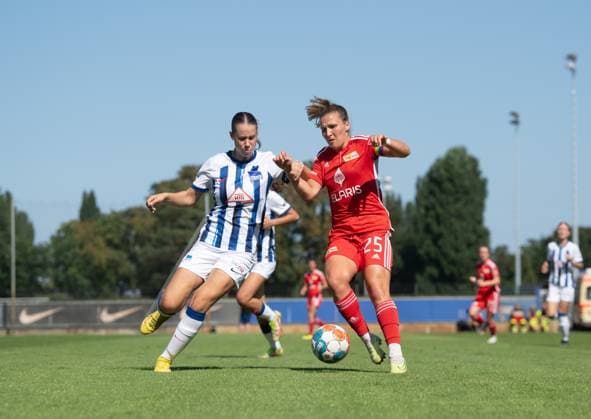 Football, Women, Season 2023 2024, Regionalliga Nordost 1 Matchday , Hertha BSC 1 FC Union Berlin, v l Nora Giannori 1 Women, Hertha BSC , Dina Orschmann 1 Women, 1 FC Union Berlin , 20 08 2023, Copyright: xSebastianxRäppold MatthiasxKochx
