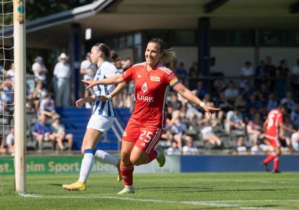 Football, women, season 2023 2024, Regionalliga Nordost 1 matchday , Hertha BSC 1 FC Union Berlin, Dina Orschmann 1 women, 1 FC Union Berlin , cheering after goal to 1 2, 20 08 2023, Copyright: xSebastianxRäppold MatthiasxKochx