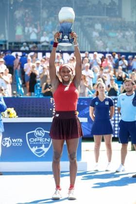 CINCINNATI, OH - AUGUST 20: Coco Gauff of the United States poses with the Rookwood Cup after defeating Karolina Muchova of the Czech Republic 6-3, 6-4. In the final round at the Western & Southern Open at Lindner Family Tennis Center on August 20, 2023 in Mason, Ohio. (Photo by Ian Johnson Icon Sportswire) TENNIS: AUG 20 Western & Southern Open EDITORIAL USE ONLY Icon230820024