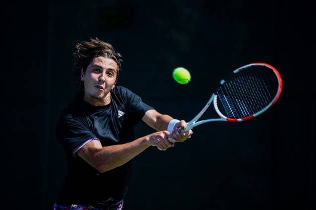 August 20, 2023: Alexander Shevchenko returns a serve against Marc-Andrea Huesler during the first round of 2023 Winston-Salem Open at Wake Forest Tennis Complex in Wnston-Salem, NC. ( ) Wnston-Salem United States - ZUMAc04_ 20230820_zma_c04_339 Copyright: xScottxKinserx