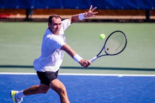 August 20, 2023: Roman Safiullin returns against Juan Manuel Cerundolo during the first round of the 2023 Winston-Salem Open at Wake Forest Tennis Complex in Wnston-Salem, NC. ( ) Wnston-Salem United States - ZUMAc04_ 20230820_zma_c04_362 Copyright: xScottxKinserx