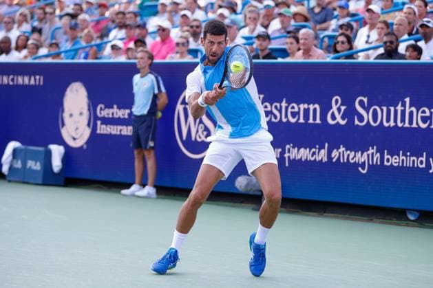 CINCINNATI, OH - AUGUST 20: Novak Djokovic of Serbia hits a backhand during the final round at the Western & Southern Open at Lindner Family Tennis Center on August 20, 2023 in Mason, Ohio. (Photo by Ian Johnson Icon Sportswire) TENNIS: AUG 20 Western & Southern Open EDITORIAL USE ONLY Icon230820038