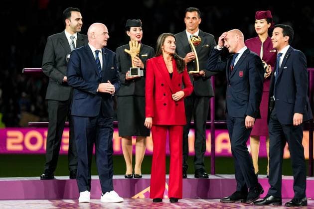 Sydney, Australia, August 20th 2023: FIFA President Gianni Infantino, Queen Letizia Of Spain and Royal Spanish Football Federation president Luis Manuel Rubiales BÃ jar during the trophy ceremony after the FIFA Womens World Cup 2023 Final football match between Spain and England at Stadium Australia in Sydney, Australia. (Daniela Porcelli SPP) Copyright: xDanielaxPorcellix xSPPx spp-en-DaPoSp-20230820-DP108070