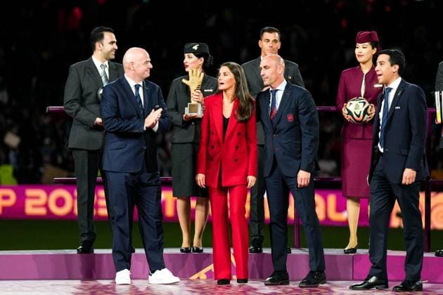 Sydney, Australia, August 20th 2023: FIFA President Gianni Infantino, Queen Letizia Of Spain and Royal Spanish Football Federation president Luis Manuel Rubiales BÃ jar during the trophy ceremony after the FIFA Womens World Cup 2023 Final football match between Spain and England at Stadium Australia in Sydney, Australia. (Daniela Porcelli SPP) Copyright: xDanielaxPorcellix xSPPx spp-en-DaPoSp-20230820-DP108072