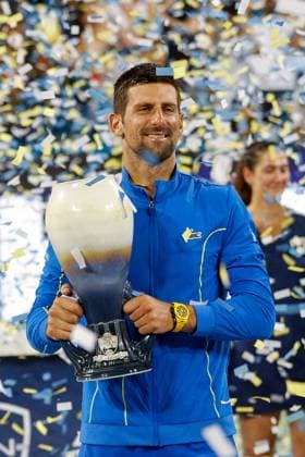 CINCINNATI, OH - AUGUST 20: Novak Djokovic of Serbia posses with the Rookwood Cup after winning the final round at the Western & Southern Open at Lindner Family Tennis Center on August 20, 2023 in Mason, Ohio. Djokovic defeated Carlos Alcaraz of Spain 5-7, 7-6, 7-6. (Photo by Ian Johnson Icon Sportswire) TENNIS: AUG 20 Western & Southern Open EDITORIAL USE ONLY Icon230820081