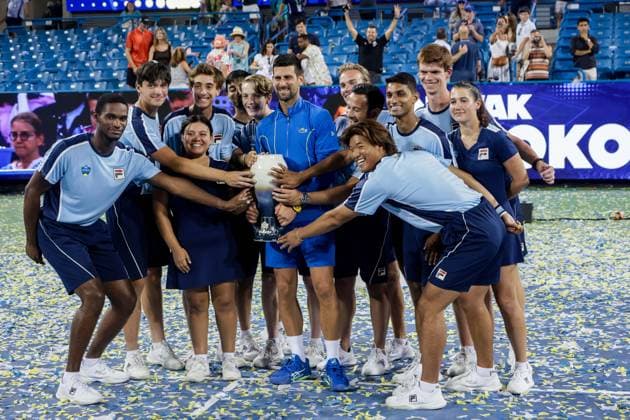 August 20, 2023, Mason, Ohio, USA: Novak Djokovic (SRB) poses with ball-boys after SundayÃ¢â‚¬â ¢s final round of the Western and Southern Open at the Lindner Family Tennis Center, Mason, Oh. Mason USA - ZUMAs304 20230820_zaf_s304_080 Copyright: xScottxStuartx