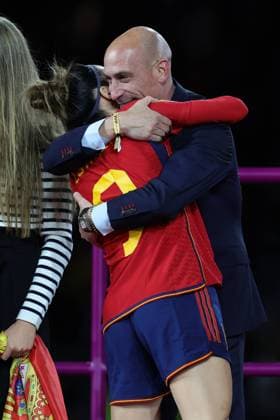 Esther Gonzalez of Spain is embraced by Luis Rubiales President of the Royal Spanish Football Association after winning the FIFA Women s World Cup 2023 Final match between Spain Women and England Women at Stadium Australia, Sydney, Australia on 20 August 2023. Copyright: xPeterxDovganx 38130170
