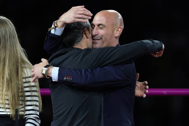 Jorge Vilda Head Coach of Spain is embraced by Luis Rubiales President of the Royal Spanish Football Association after winning the FIFA Women s World Cup 2023 Final match between Spain Women and England Women at Stadium Australia, Sydney, Australia on 20 August 2023. Copyright: xPeterxDovganx 38130173
