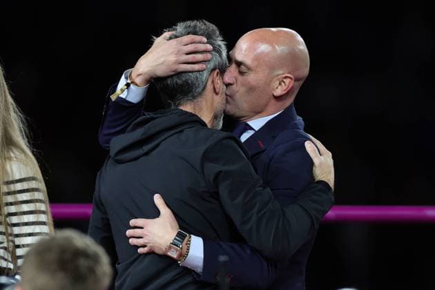 Jorge Vilda Head Coach of Spain is kissed by Luis Rubiales President of the Royal Spanish Football Association after winning the FIFA Women s World Cup 2023 Final match between Spain Women and England Women at Stadium Australia, Sydney, Australia on 20 August 2023. Copyright: xPeterxDovganx 38130174