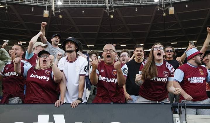 Mandatory Credit: Photo by Matt Impey Shutterstock (14060984bp) West Ham United fans celebrate their 3rd goal West Ham United v Chelsea, Football, Premier League, London Stadium, Stratford, London, UK - 20 05 2023 EDITORIAL USE ONLY No use with unauthorised audio, video, data, fixture lists (outside the EU), club league logos or live services. Online in-match use limited to 45 images (+15 in extra time). No use to emulate moving images. No use in betting, games or single club league player publications services. West Ham United v Chelsea, Football, Premier League, London Stadium, Stratford, London, UK - 20 05 2023 EDITORIAL USE ONLY No use with unauthorised audio, video, data, fixture lists (outside the EU), club league logos or live services. Online in-match use limited to 45 images (+15 in extra time). No use to emulate moving images. No use in betting, games or Copyright: xMattxImpey Shutterstockx 14060984bp
