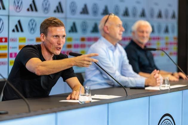 Frankfurt am Main, DFB Campus, 21 08 2023, DFB press conference Presentation of new Director of Young Talent, Training and Development, f l new Director of Young Talent, Training and Development Hannes Wolf, DFB President Bernd Neuendorf, Sports Director Rudi Völler Frankfurt am Main DFB Campus Hesse Germany