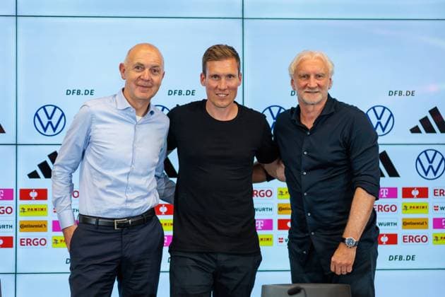 Frankfurt am Main, DFB Campus, 21 08 2023, DFB press conference Presentation of new Director of Young Talent, Training and Development, f l new Director of Young Talent, Training and Development Hannes Wolf, DFB President Bernd Neuendorf, Sports Director Rudi Völler Frankfurt am Main DFB Campus Hesse Germany
