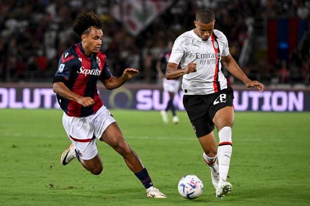 Joshua Zirkzee of Bologna FC and Malick Thiaw of AC Milan compete for the ball during the Serie A football match between Bologna FC and AC Milan at Renato Dall Ara stadium in Bologna (Italy), August 21st, 2023. andreaxstaccioli
